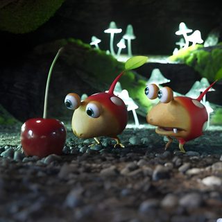 three little red and yellow birds standing next to each other in front of green plants Pikmin Halloween Rock Pikmin, Bulborb Pikmin, Pikmin Life, Pikmin 4, Pikmin Iphone, black