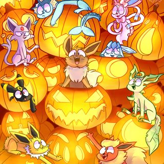 many cartoon characters are sitting on pumpkins Eevee Evolutions Halloween Eevee Pumpkin, Sylveon Halloween, Halloween Umbreon, Thanksgiving Eevee, orange