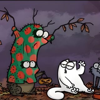 two cats are standing in front of a tall cactus plant and another cat is sitting on the ground Simons Cat Halloween Hd Simons Cat Halloween, Simon's Cat, Simons Cat Background, dark slate gray