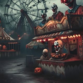 an amusement park with scary clowns on the rides and pumpkins in the air Clown Halloween Creepy Carnival Halloween, Scary Circus, Creepy Circus, dark slate gray