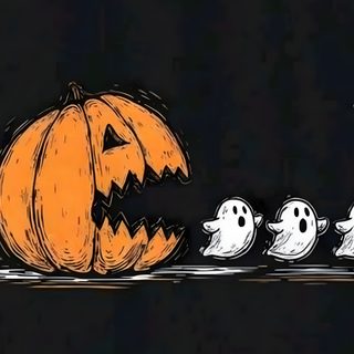 an orange pumpkin with ghost faces on it and three smaller ones in the dark behind it Halloween 3 Halloween, Cover Photos, Halloween Laptop Aesthetic, Halloween Backgrounds, black