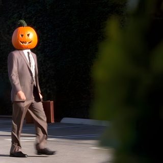 a man in a suit and pumpkin mask walks down the street Funny Halloween Computer Dwight Pumpkin Head, The Office Halloween Episodes, The Office Spotify Covers, black