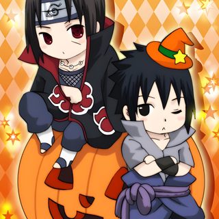 two anime characters sitting on top of a pumpkin Naruto Halloween Sasuke And Itachi, Anime Halloween, Naruto Fan Art, Naruto Drawings, Naruto Memes, peru
