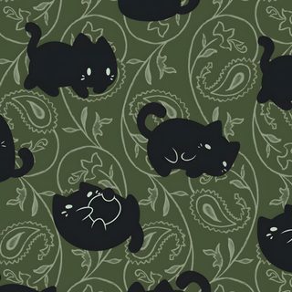 black cats are laying down on a green floral wallpaper with leaves and swirls Halloween Black Cat Green Cat Aesthetic Background, Green And Black Cat, Chat Background,