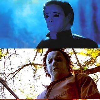 the faces of two people in different movies Halloween 6 Michael Myers Movie Scene, Michael Myers Behind, Michael Myers 2007 Gif, dim gray