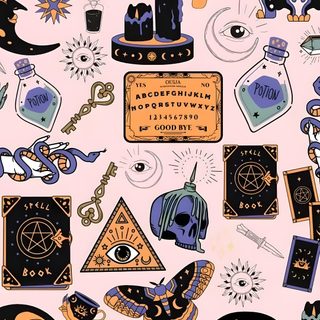 an image of a pattern with various items on the back and side of it, all in different colors Halloween Planchette Cute Patterns, Cute Backgrounds, Halloween, Arte Dell'illustrazione, Witch, light pink