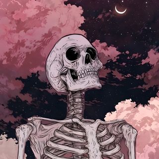 a skeleton sitting in front of a night sky Cute Aesthetic Halloween Skeleton Skeleton Artwork, Halloween Cute, Goth, Witchy, Halloween Iphone, dim gray