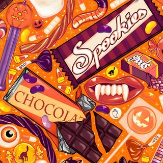 a painting of halloween candy and candies on an orange background with words spooked above it Halloween Candy Hd Ice Cream, Halloween Candy Design, Macarons, Halloween Candy Background Images, tomato