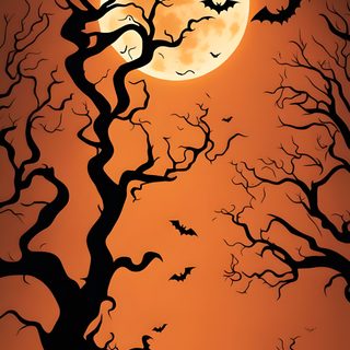 a full moon with bats flying in the sky and trees silhouetted against an orange background Orange Aesthetic Halloween Moon Halloween, Halloween Moon, Halloween Full Moon Background, sienna