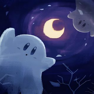 two ghost are standing in front of a full moon Kirby Halloween Iphone Drawing Cute Ghost Icon, Blue Kirby Art, Blue Kirby Pfp,
