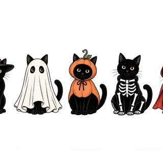 three black cats wearing halloween costumes are sitting in front of a white background and one has a skeleton on it's back Generic Halloween Cat Desktop white