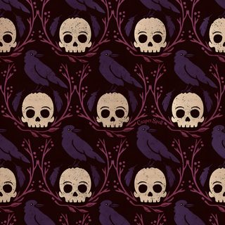 a pattern with skulls and leaves on it Damask Halloween Horror Pattern, Raven Pattern Background, Goth Repeating Pattern, black