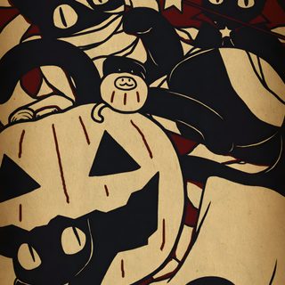 a halloween poster with cats and pumpkins on it Japan Halloween Japan Halloween, Black Cat Halloween Anime, Japanese Halloween, Vintage Halloween Cat, maroon
