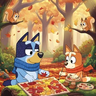 the cartoon dog and cat are playing in the autumn forest with leaves on the ground Bluey Halloween Bluey Thanksgiving, Bluey And Bingo Fall, Bluey Fall, Bluey Halloween Aesthetic, peru