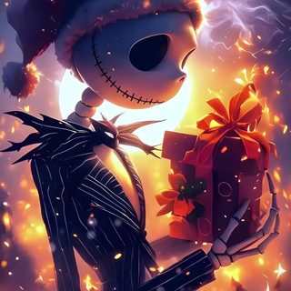 a cartoon character holding a christmas present in front of a bright background with lights and snow Happy Halloween Jack Skellington Jack The Pumpkin King Gif, Nightmare Before Christmas Christmas, Live Christmas, dark slate gray