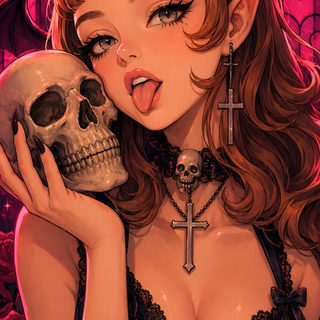 a woman holding a skull with her tongue out and wearing a tiara on top of her head Hot Halloween saddle brown