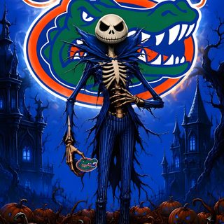 a skeleton is standing in front of pumpkins with the word gator's on it Halloween Football midnight blue
