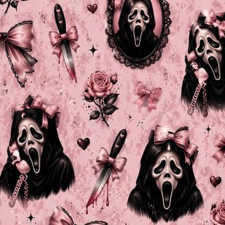 a pink and black wallpaper with skulls, roses and other things on it's surface Cute Scream Halloween rosy brown