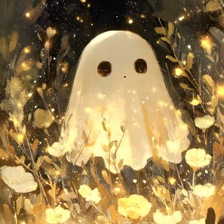 a white ghost in the middle of some flowers and plants with lights shining on it Halloween Ghost For Bedroom Pretty Backgrounds, Fantasy Artwork, Backgrounds, Kawaii, Cute Paintings, sienna