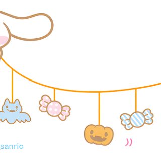 an animal hanging from a line with other animals on it's sides and the words, Cinnamoroll Halloween Laptop Cinnamoroll Ghost, Cinnamoroll Halloween, Cinnamoroll In A Pumpkin, white