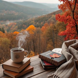 a cup of coffee sitting on top of a wooden table next to books and a blanket Halloween Coffee Autumn Coffee Scene, Autumn Books // Booklover, Autumn Violin Scene, dim gray