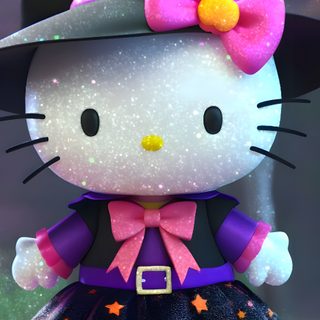 hello kitty dressed up as a witch with her hat and pumpkins in the background Halloween With Hello Kitty In A Hat Cute Hello Kitty Halloween, Halloween Hello Kitty, Hello Kitty Iphone Halloween, dim gray