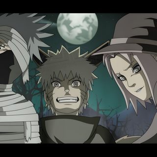 three anime characters standing in front of a full moon Naruto Halloween Naruto Halloween Icons, Orochimaru Official Art, Naruto Halloween Official Art, dark slate gray