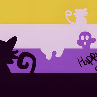 a black cat sitting on top of a purple, yellow and orange striped wallpaper Nonbinary Halloween Halloween Pan Flag, They/them Nonbinary Pronoun Pride, Agender Halloween Flag, sienna