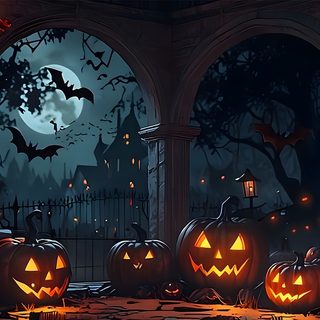 halloween pumpkins on the ground in front of an arched window with bats and full moon Halloween Cave Halloween Backgrounds Landscape, Spooky Backdrop, Halloween House Background 4k, black