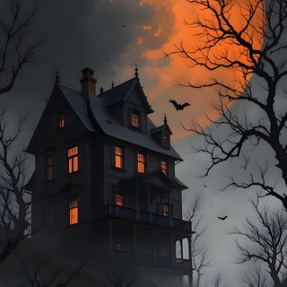 a spooky house with the full moon in the background Halloween House Ideas Dark Horror Landscape Art, Halloween Decoration Inspiration, Haunted House Under Full Moon, dark slate gray
