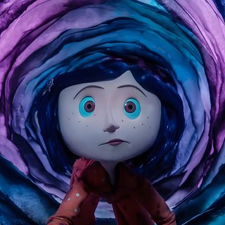 an animated doll with blue eyes sitting in front of a purple and blue swirl background Halloween Iphone Coraline Anime Coraline, Picture Of Coraline, Coraline Coraline, midnight blue