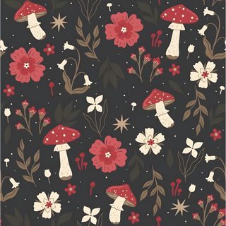 a black background with red and white flowers, mushrooms and leaves on it's sides Aesthetic Halloween Flower Mushroom, Dinner En Blanc, Witchy, Cool Art, Cute Patterns, dark slate gray