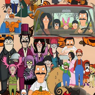 an image of cartoon characters with pumpkins and cats Bobs Burger Halloween Bob Burgers, Bobs Burgers Halloween, Bobs Burgers Iphone, Bob's Burgers, gray