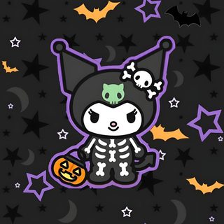 an image of a cartoon character on a black background with stars and pumpkins in the foreground Kuromi Halloween Iphone Halloween Cute, Halloween Backgrounds, Kitty Drawing, Hello Kitty Images, black