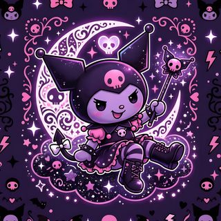 a cartoon character sitting on top of a purple moon with skulls and stars around it Kuromi Halloween Desktop midnight blue