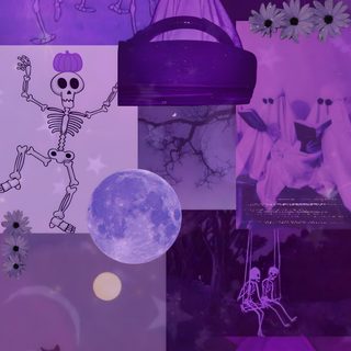 a collage of halloween images with purple and blue colors, including the skeleton in the background Purple Edgy Aesthetic Halloween Purple Aesthetic Halloween, Purple Halloween, Halloween Lockscreen Purple, dark slate blue