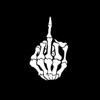 a black and white image of a hand holding up the middle finger with two fingers Halloween Middle Finger Skeleton Hand Decal, Aesthetic Skeleton Middle Finger, Skeleton Hand Middle Finger, black