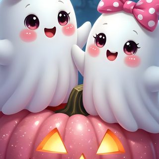 two white ghost cats sitting on top of a pumpkin Baby Halloween Iphone Inside, Cute Halloween Images, Hello Kitty Halloween, Halloween Live, gray