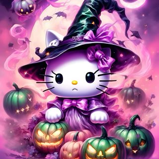 a painting of a cat wearing a witches hat and sitting on jack - o'- lanterns Halloween With Hello Kitty In A Hat Cute Hello Kitty Halloween, Halloween Hello Kitty, Of Hello Kitty Halloween, gray