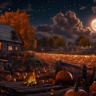 a painting of pumpkins in front of a barn at night with the full moon Halloween Farm Autumn Computer, Pumpkin Farm, Halloween Painting, Autumn Nature, dark slate gray