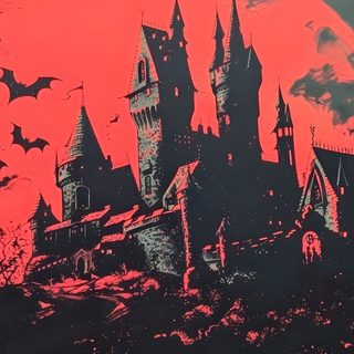 an image of a castle with bats in the sky and blood red moon behind it Dracula Halloween Dark Aesthetic For Pc, Macbook Aesthetic High Quality Dark, Vampire Chateau, dark slate gray