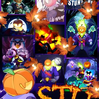 an animated halloween scene with pumpkins, bats and other things in the background that are lit up Brawl Stars Halloween Halloween, Stars, dark slate gray