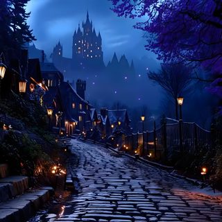 a cobblestone road in front of a castle with lanterns lit up at night Halloween Village For Pc black