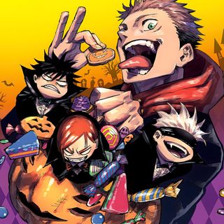an image of some anime characters with their mouths open and fingers up in the air Jujutsu Kaisen Halloween Halloween Anime Pfp Jjk, Jujutsu Kaisen Halloween, Jujutsu Kaisen Halloween Fanart, sienna
