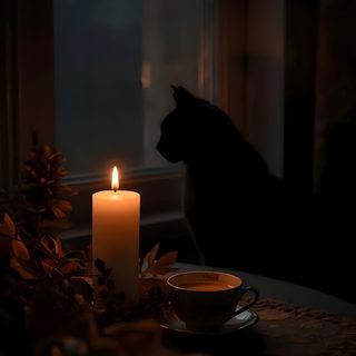 a lit candle sitting on top of a table next to a cup and saucer Halloween Candle Candles Dark, Black Cat Aesthetic, Candles Photography, Cat Sanctuary,