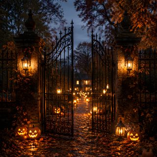 an iron gate with pumpkins lit up in the background and leaves on the ground Real Halloween black