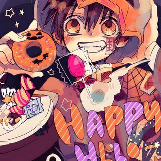 an anime character holding a donut with happy halloween written on the front and bottom Hanako Halloween Deku Anime, Anime Halloween, Animes, Theme Halloween, Jibaku Shounen Hanako-kun, indian red