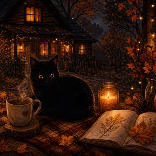 a black cat sitting on top of a table next to an open book and cup Halloween Cat Desktop black