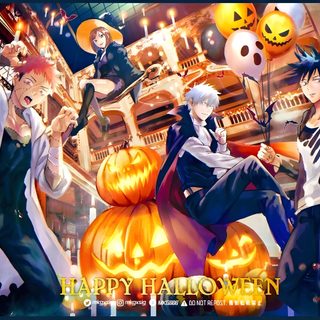 some anime characters with pumpkins in front of an image that says happy hallowen Jujustu Kaisen Halloween 4k Megumi Halloween, Jujutsu Kaisen Halloween, Jjk Halloween Pfp, sienna
