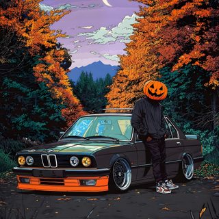 a man standing next to a car with a pumpkin on its head Bmw Halloween Car Drawings, Halloween Decorations, Halloween, Drawings, dark slate gray
